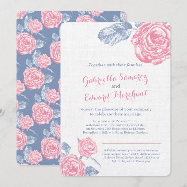 Roses ink sketch blue pink wedding portrait invite (Front/Back)