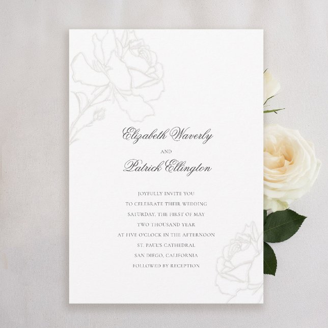 Roses Ivory Minimalist Black Tie Wedding Invitation (formal traditional wedding invitation pale ivory roses black tie modern classic elegant minimalist)