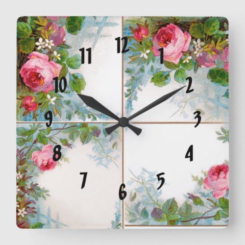 ROSES  JASMINES MONOGRAM SQUARE WALL CLOCK