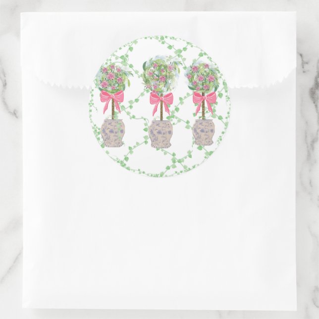 Roses Lattice Green Topiary Ginger jars jar Classic Round Sticker (Bag)
