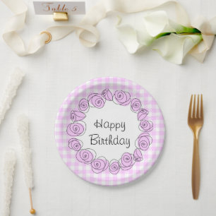 Roses Lilac Circle Check Birthday round Paper Plates