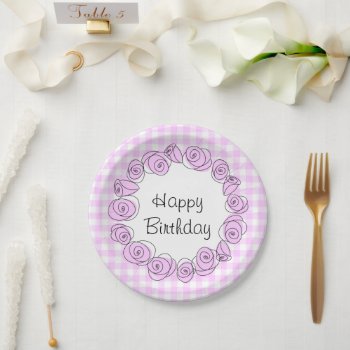 Roses Lilac Circle Check Birthday Round  Paper Plates by QuirkyChic at Zazzle