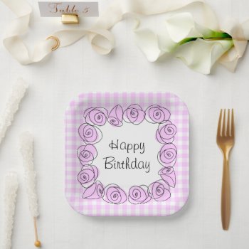 Roses Lilac Square Check Birthday Paper Plate by QuirkyChic at Zazzle