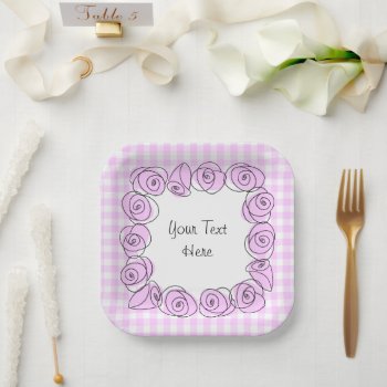 Roses Lilac Square Check Text Paper Plate by QuirkyChic at Zazzle