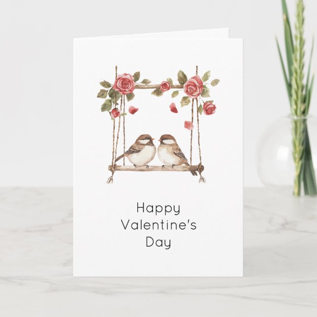 Roses Love Birds on Swing Valentine's Day Card (Front)
