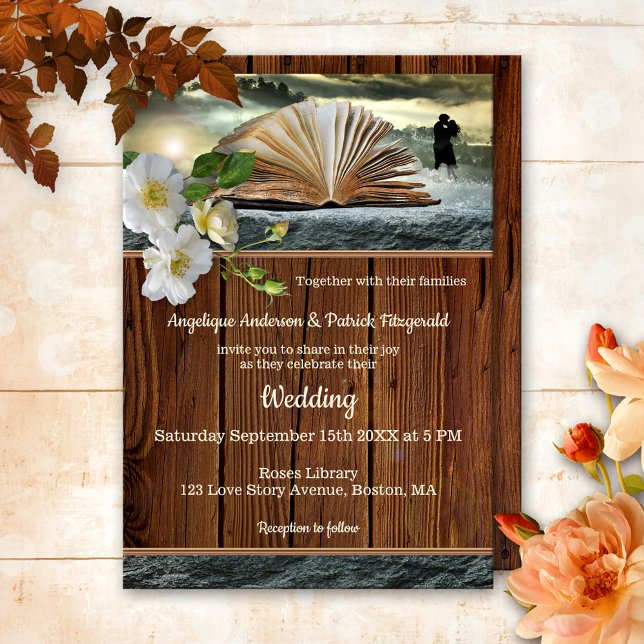 Roses Love Story Book Wedding or Anniversary Invitation (Artistic wedding invitation featuring roses on a book in a romance novel scene with rustic wood)