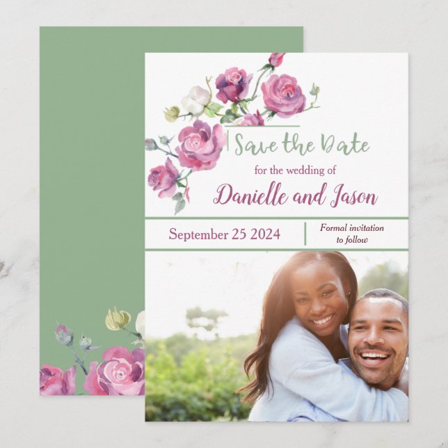 Roses Mauve and Sage Photo Save the Date Announcement (Front/Back)