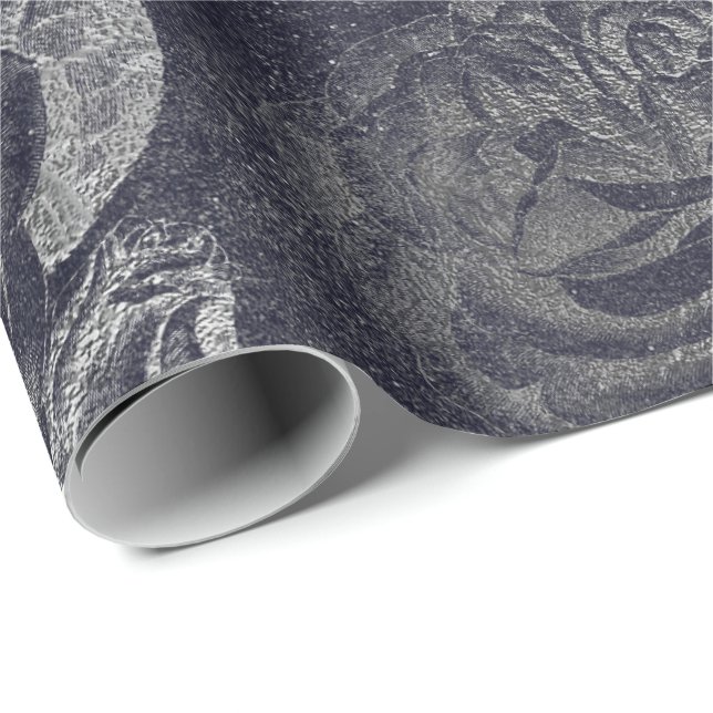 Roses  Metallic Floral Cement Gray Black Wall Wrapping Paper (Roll Corner)