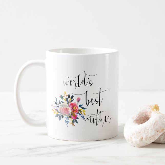 Roses Modern Minimal Script World's Best Mother  Coffee Mug (With Donut)