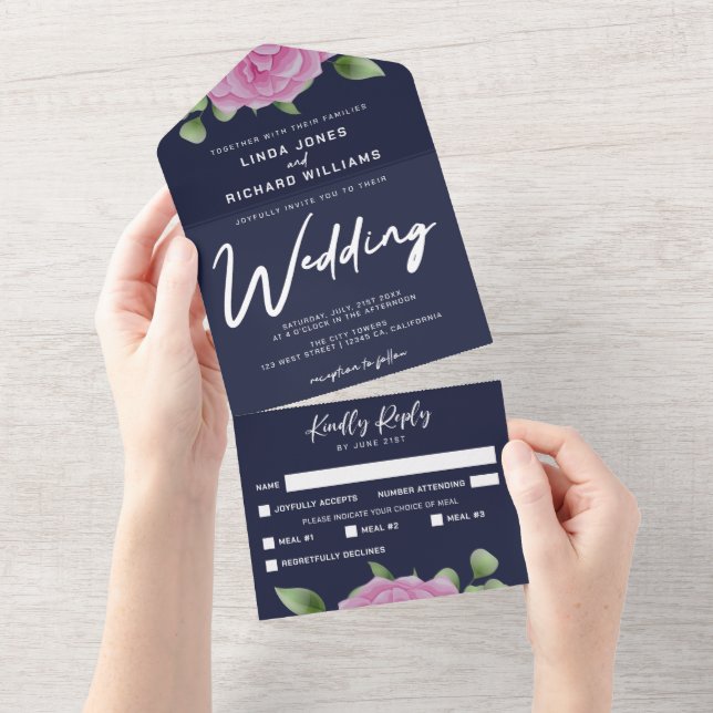 Roses Navy All in One Wedding Invitation (Tearaway)
