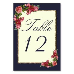Roses Navy Blue Ivory and Gold Table Numbers