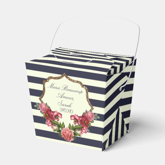 Roses Navy Blue Stripes and Gold Favor Boxes (Front Side)