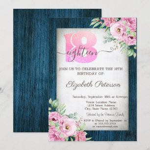 Roses Navy Blue Wood 18th Birthday  Invitation