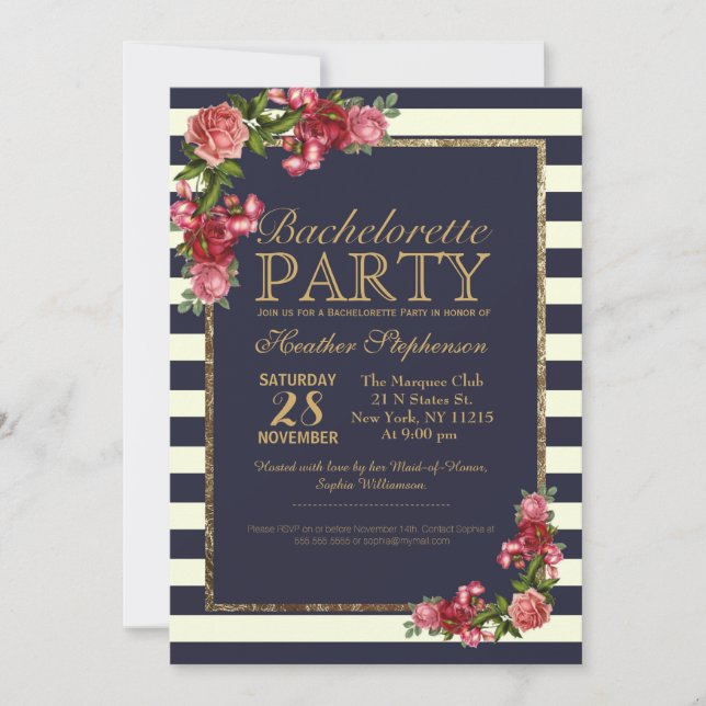 Roses Navy Stripes and Gold Bachelorette Party Invitation (Front)