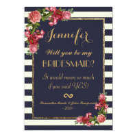Roses Navy Stripes and Gold Bridesmaids Invitation