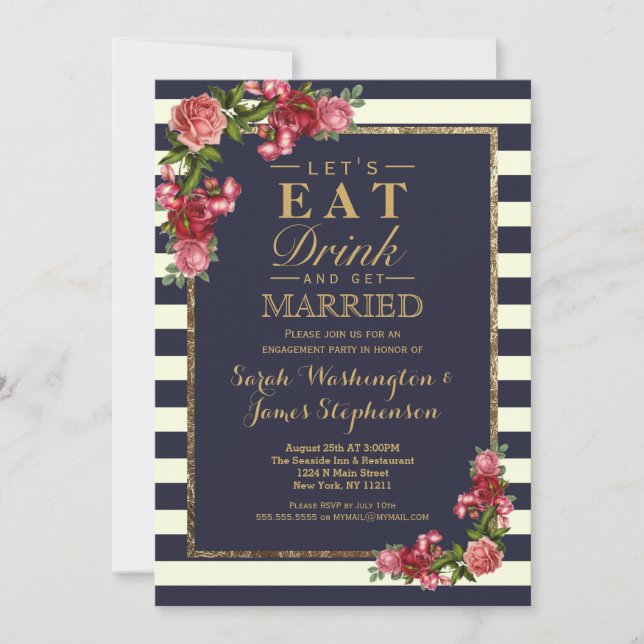 Roses Navy Stripes and Gold Engagement Party Invitation (Front)