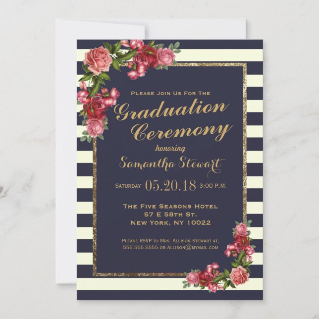 Roses Navy Stripes and Gold Graduation Ceremony Invitation (Front)