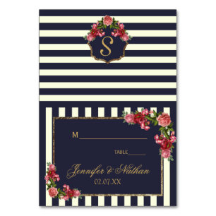 Roses Navy Stripes and Gold Place Cards