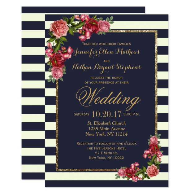 Roses Navy Stripes And Gold Wedding Invitations