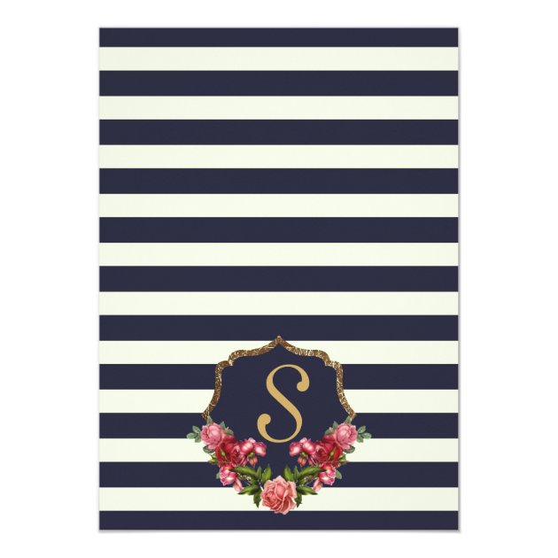 Roses Navy Stripes And Gold Wedding Invitations
