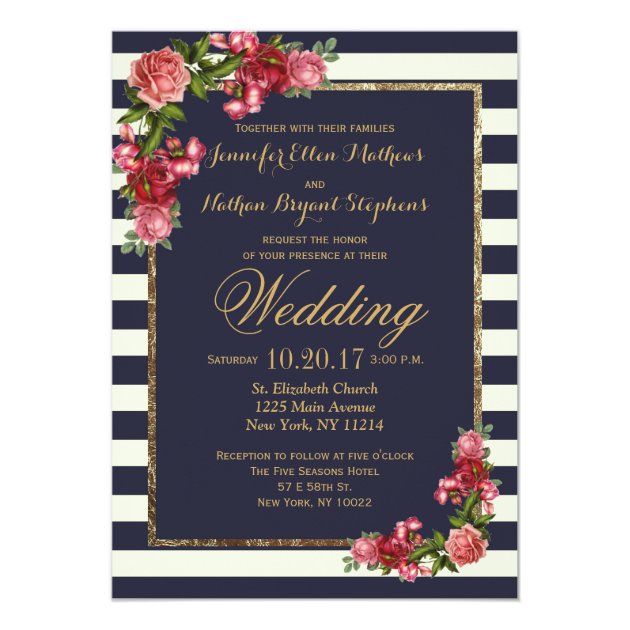 Roses Navy Stripes And Gold Wedding Invitations