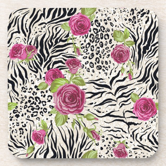 Roses On Animal Pattern Beverage Coaster (Front)