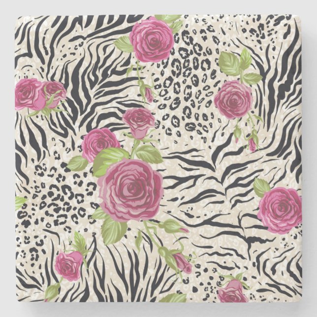 Roses On Animal Pattern Stone Coaster (Front)