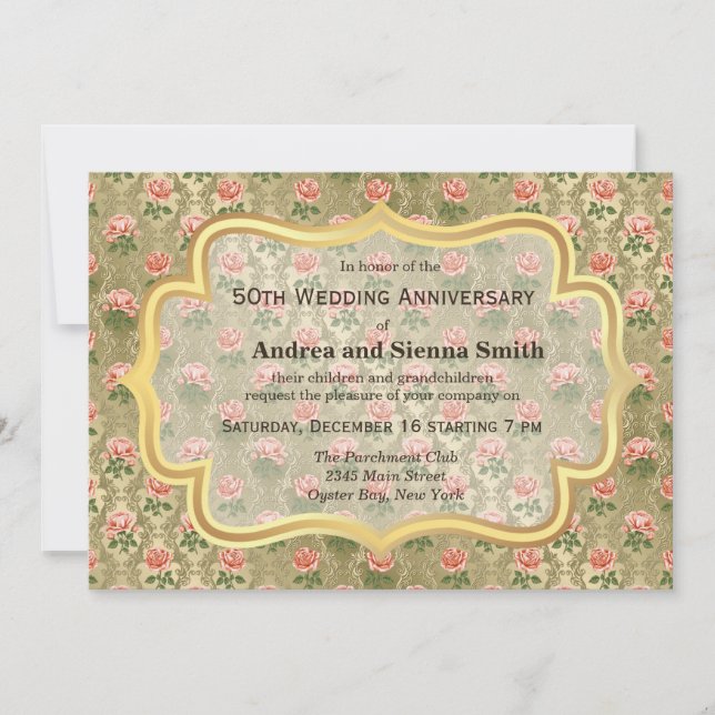 Roses on antique gold Anniversary Invitation (Front)