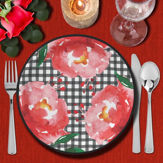 Roses on Black and White Gingham Paper Plates (Roses on Black and White Gingham Paper Plates)