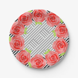 Roses on Black and White Stripes Paper Plates