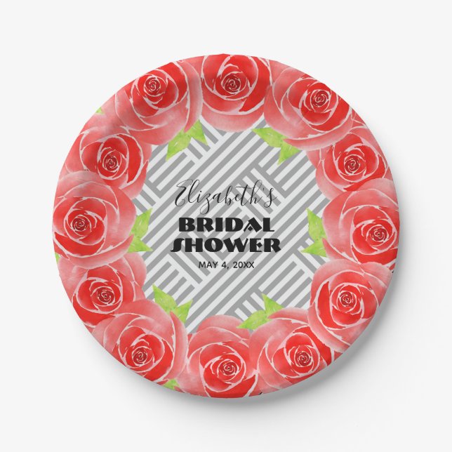 Roses on Black White Stripes Bridal Shower Paper Plates (Front)