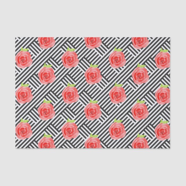 Roses on Black & White Stripes Tissue Paper (Front)