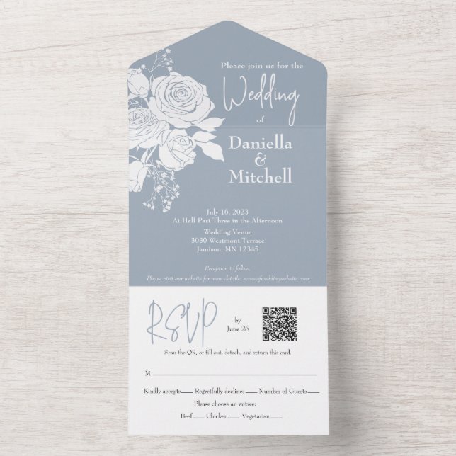 Roses on Dusty Blue All in One Wedding Invite (Inside)