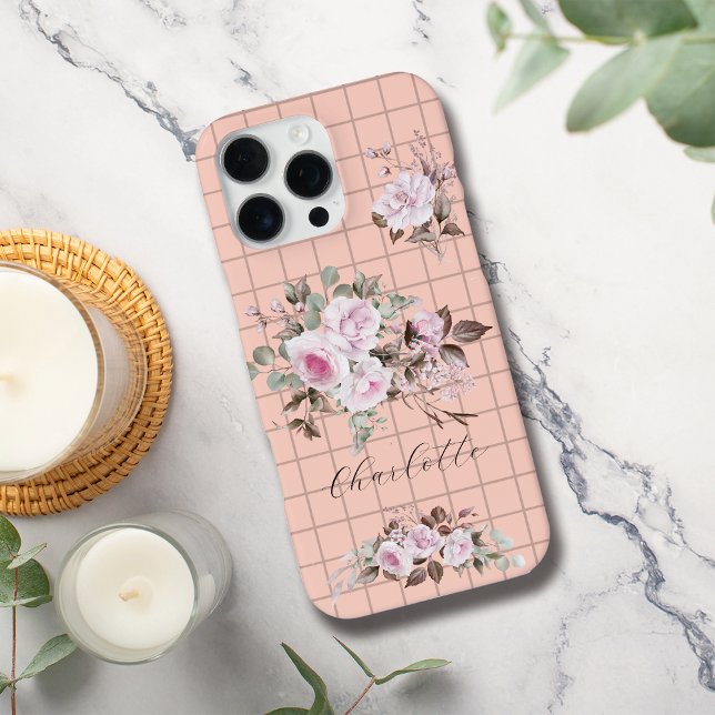 Roses on Grids Personalize Name Iphone Case (Creator Uploaded)