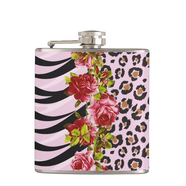 Roses on Leopard Print and Zebra Stripes on Pink Hip Flask (Front)