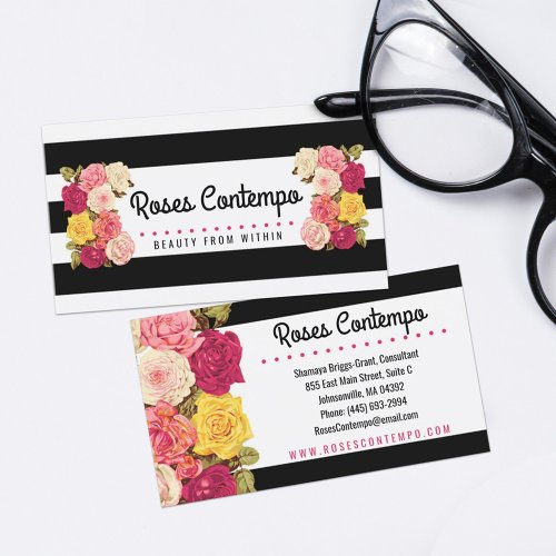 Roses on Modern Black  White Stripes Chic Florist Business Card