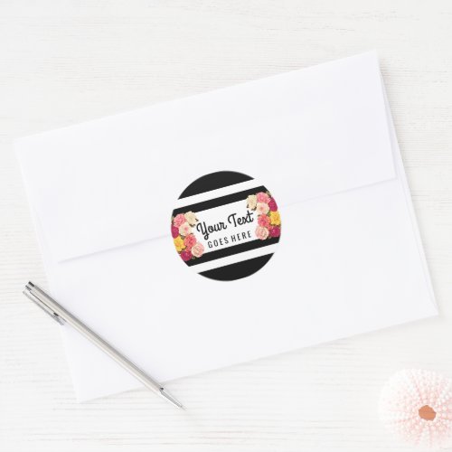 Roses on Modern Black  White Stripes Chic Florist Classic Round Sticker