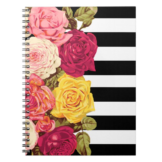 Roses on Modern Black & White Stripes Chic Florist Notebook (Front)