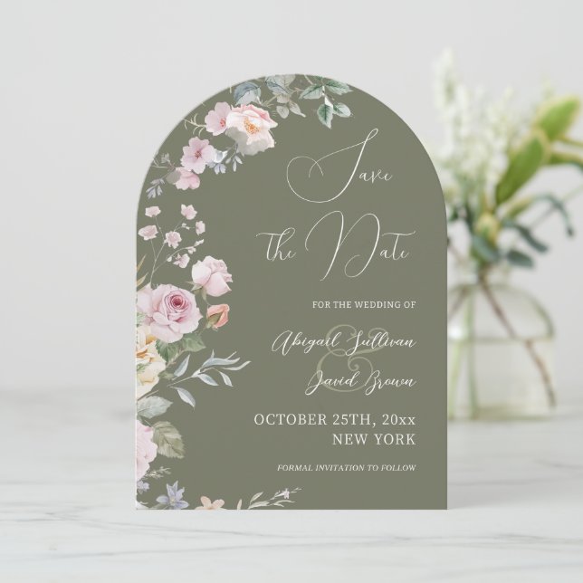 Roses on Olive Green Arch Wedding Save The Date (Standing Front)