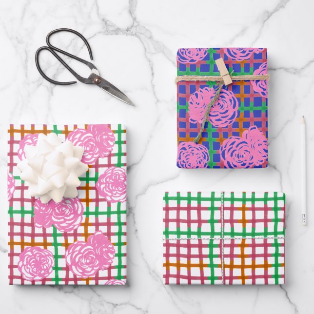Roses on Plaid Pattern - pink Wrapping Paper Sheets (Front)