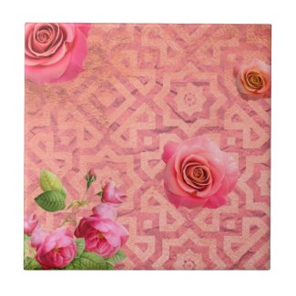 Roses On Vintage Antique Pink Moroccan Pattern Ceramic Tile