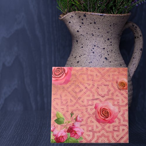 Roses On Vintage Antique Pink Moroccan Pattern Ceramic Tile