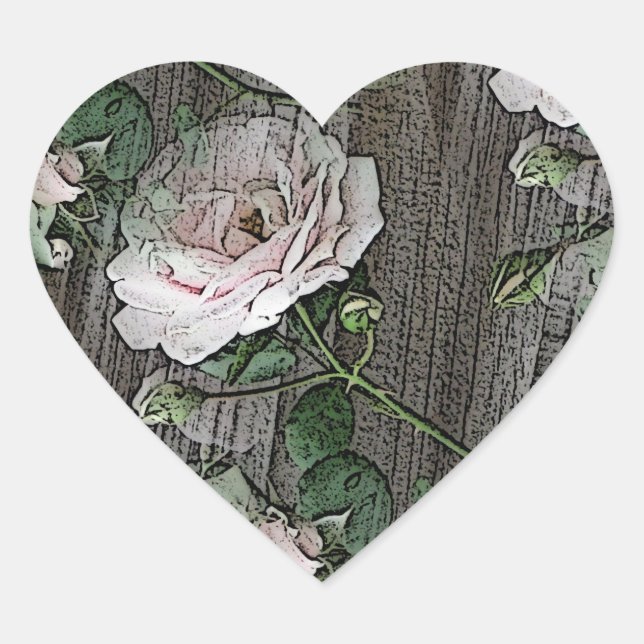 Roses on Weathered Wood Heart Sticker (Front)