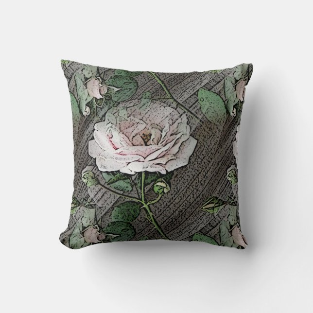 Roses on Weathered Wood Throw Pillow (Front)