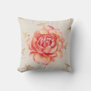 Roses on White with Golden Bees Background Throw Pillow