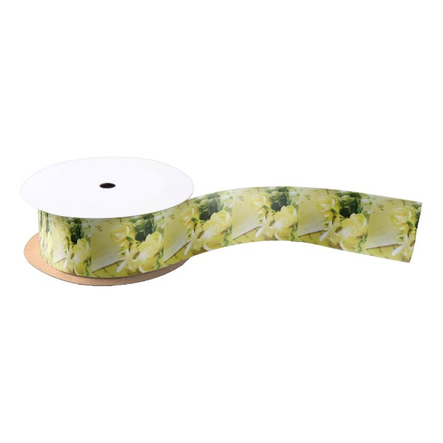 Roses, other white flowers on old handwriting satin ribbon (Spool)