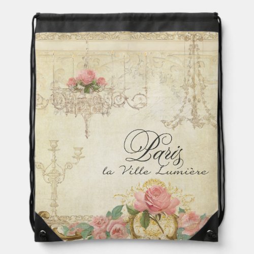 Roses Paris Parisian Chandelier Elegant Vintage Drawstring Bag