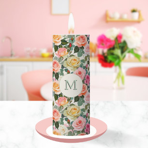 Roses Pattern Elegant Pretty Monogrammed Floral Pillar Candle