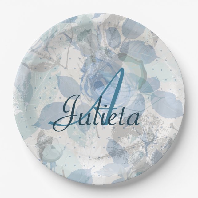 Roses pattern luxury design Monogram Paper Plates (Front)