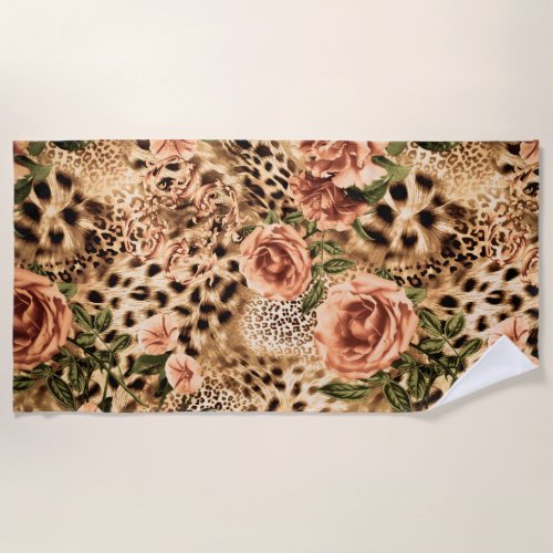 Roses Pattern with Leopard Print Texture Beach Towel